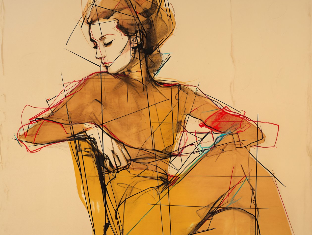 Ilustração de moda e desenho de uma mulher sentada, Retrato com vestido castanho elegante, impressões digitais de F. Abderrahim