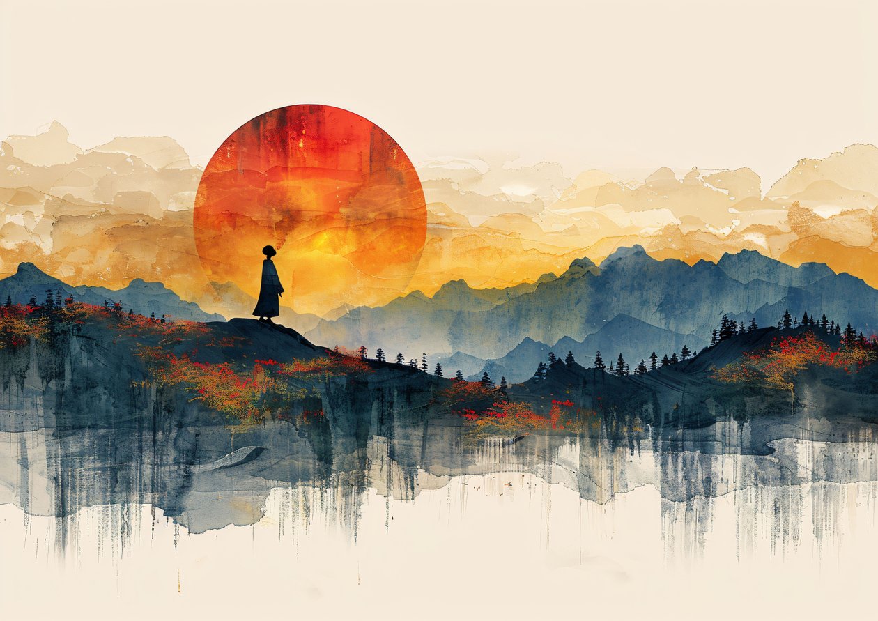 Gueixa em pé, paisagem minimalista e pôr do sol, decoração de parede moderna | impressão a pedido de F. Abderrahim