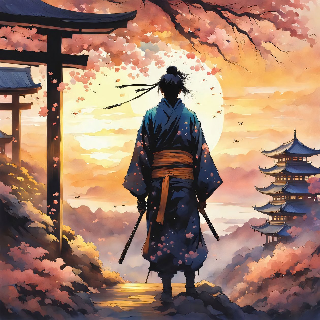 Samurai japonês, num templo numa montanha, cores cor-de-rosa, Impressões personalizadas em tela de F. Abderrahim