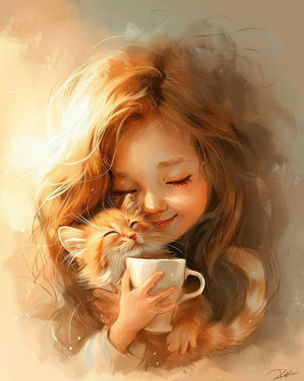 A menina, o seu gato e o amor por um bom café, decoração de parede emoldurada de F. Abderrahim