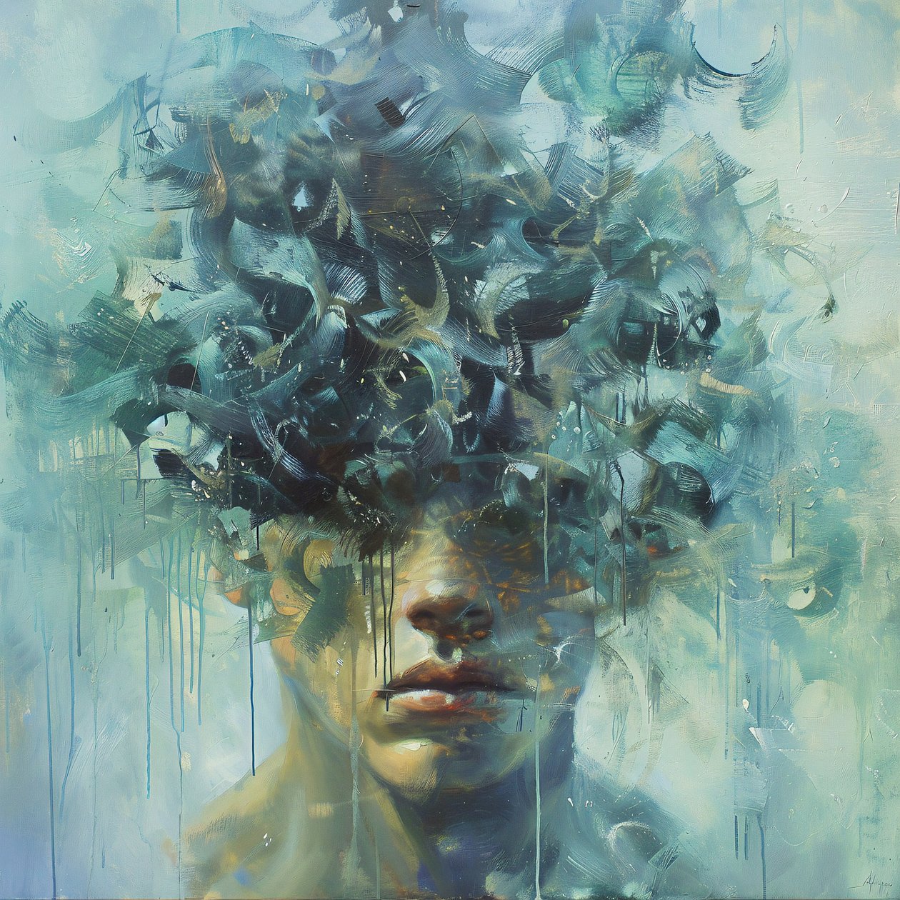Homem exprimindo uma tristeza profunda, pintura artística psicológica, impressionista, impressão de tela online de F. Abderrahim