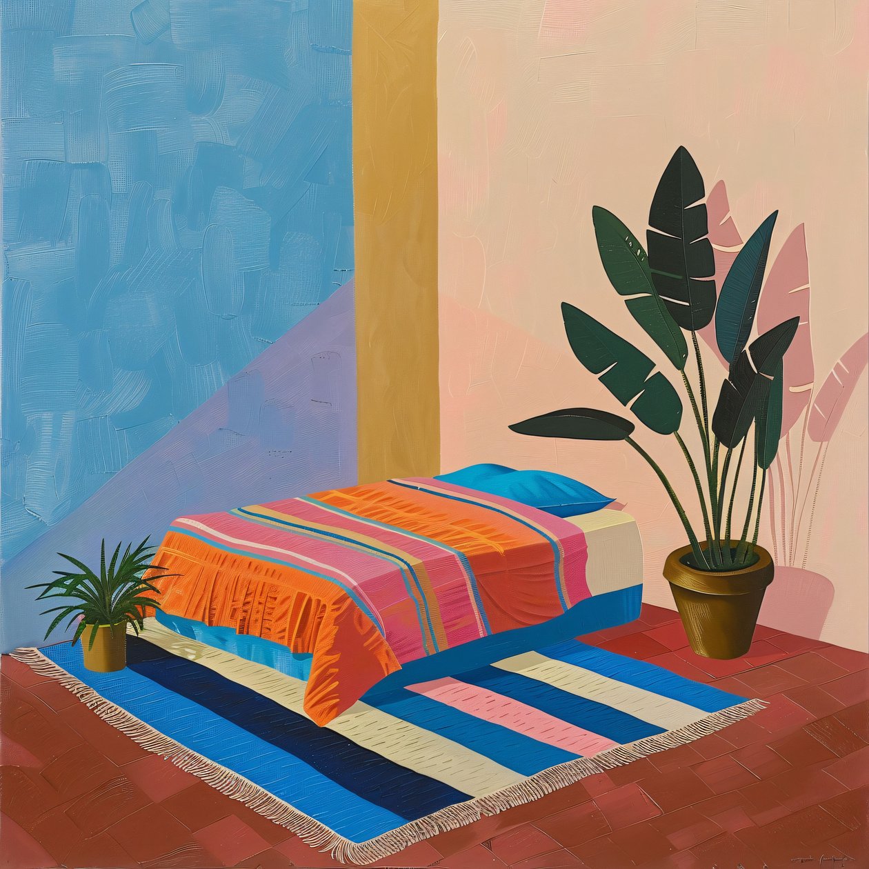 Cama mexicana minimalista num estilo David Hockney, impressões de arte mural a pedido de F. Abderrahim