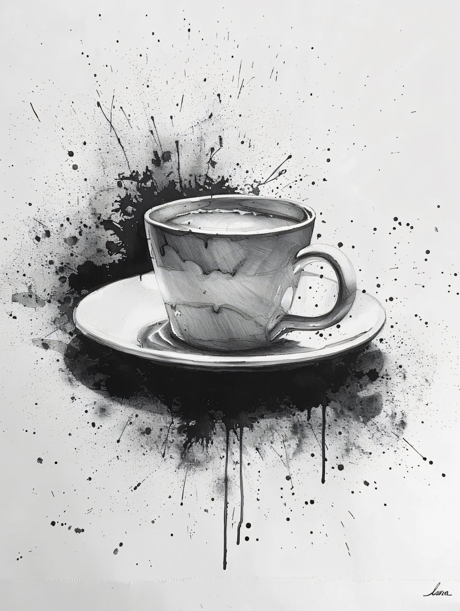 Cena noir minimalista de uma linha com realces de manchas de café, impressões de arte online de F. Abderrahim