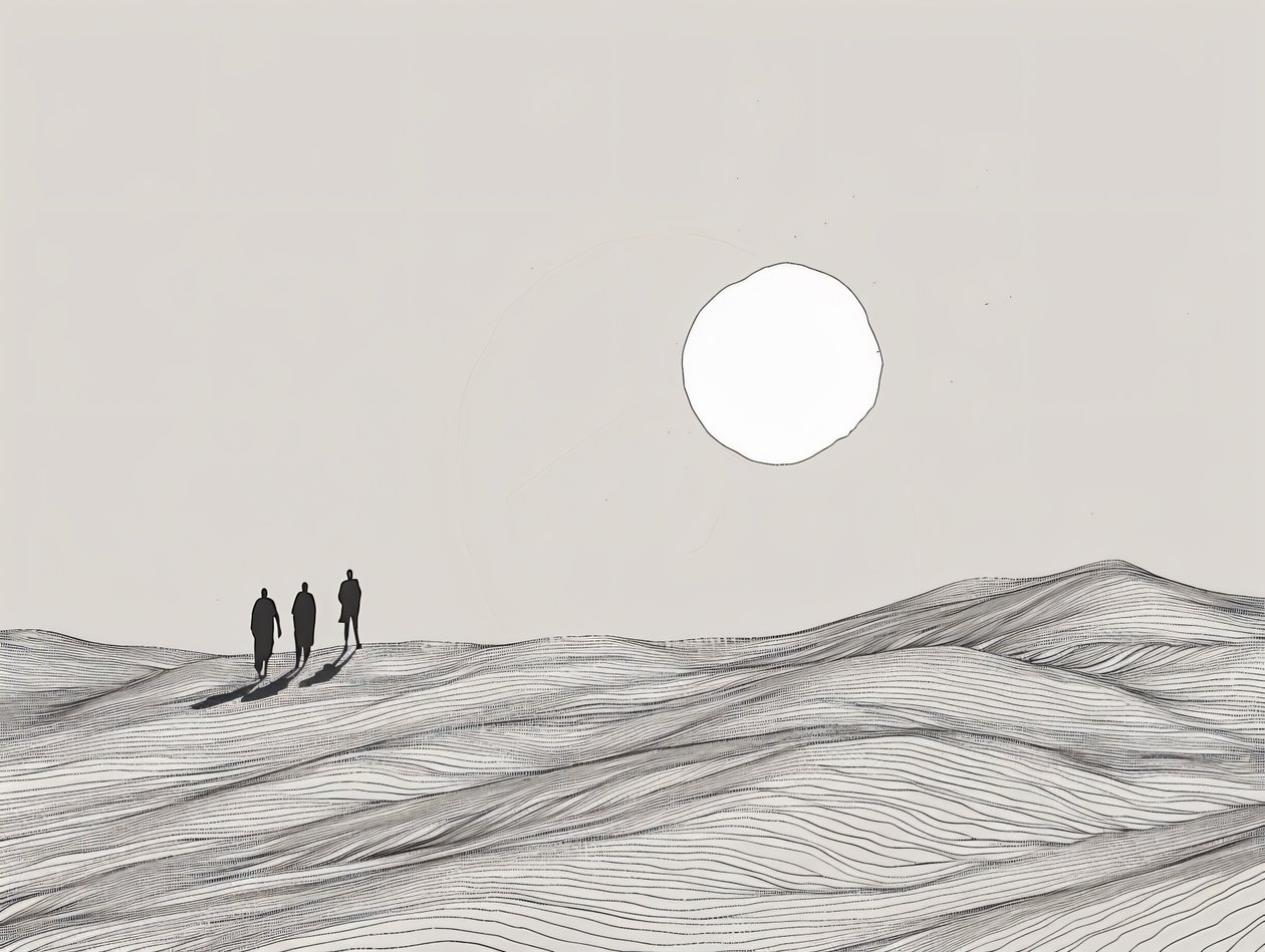 Esboço minimalista, homens a caminhar numa procissão de sol no deserto, impressões de arte online de F. Abderrahim