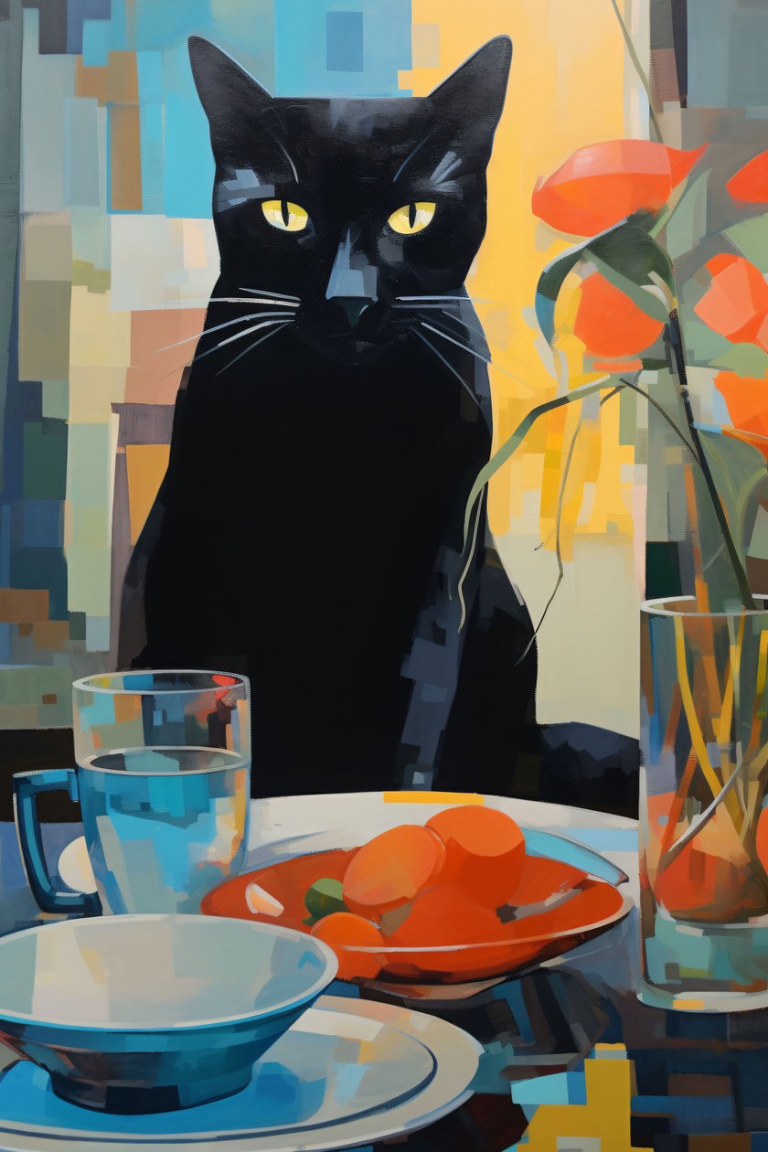 Pintura de um gato preto a comer num prato de flores, impressões de arte mural a pedido de F. Abderrahim