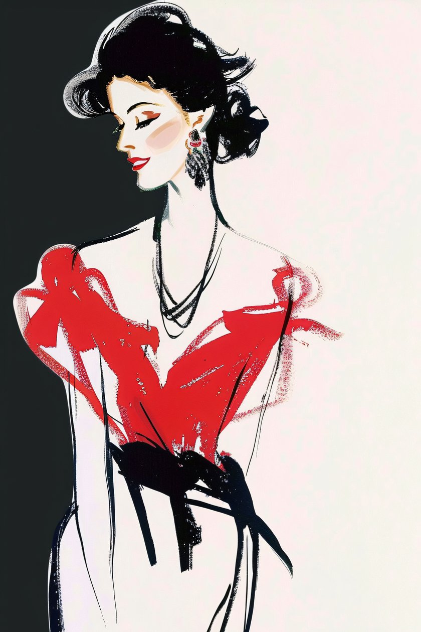 Moda parisiense, vestido vermelho e preto, estilo René Gruau, maquilhagem de senhora francesa em pose de F. Abderrahim