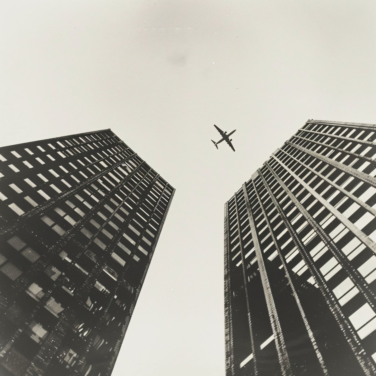 Avião a voar sobre duas torres, fotografia com e a preto, impressões de arte mural a pedido de F. Abderrahim