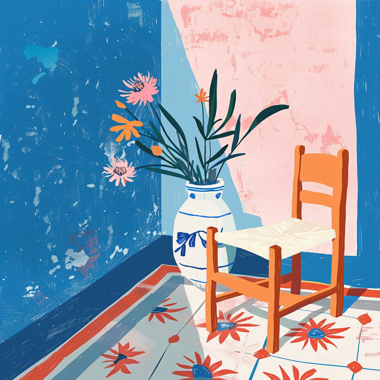 Plantas e cadeira mexicana com um vaso de cerâmica, impressões de arte em tela minimalista de F. Abderrahim