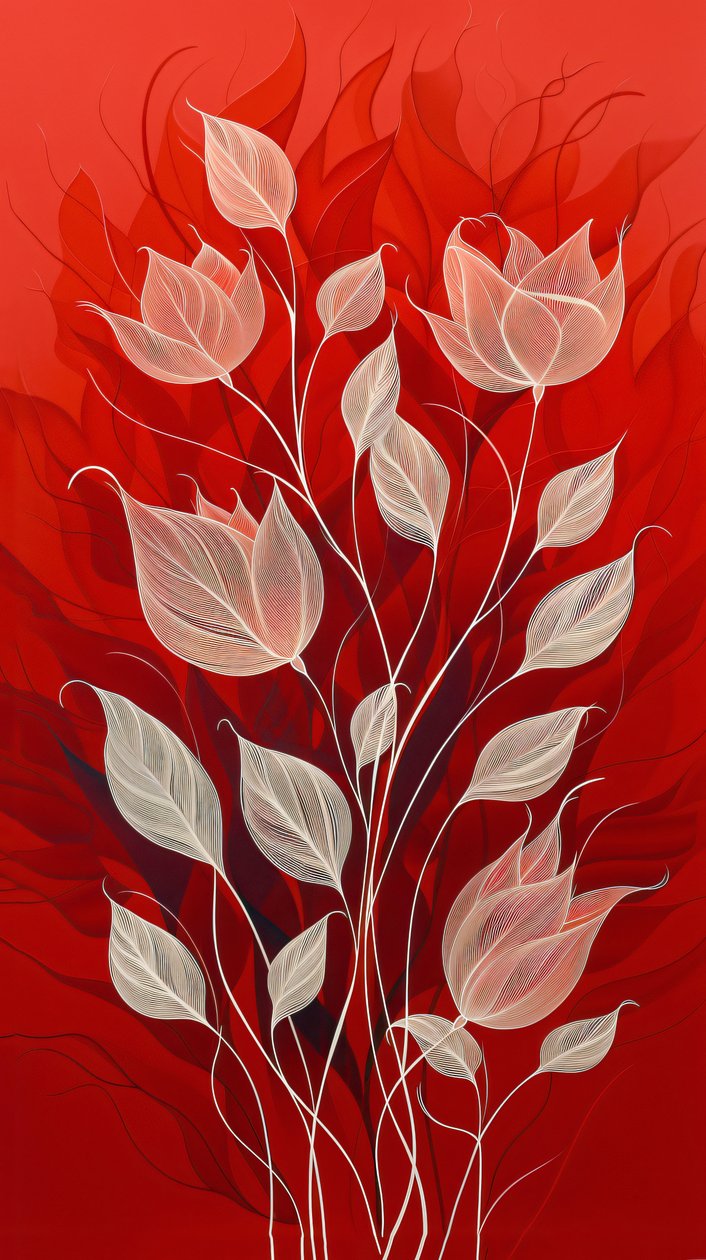Plantas e flores desenhadas a branco sobre um fundo vermelho, decoração de parede e impressões em tela de F. Abderrahim