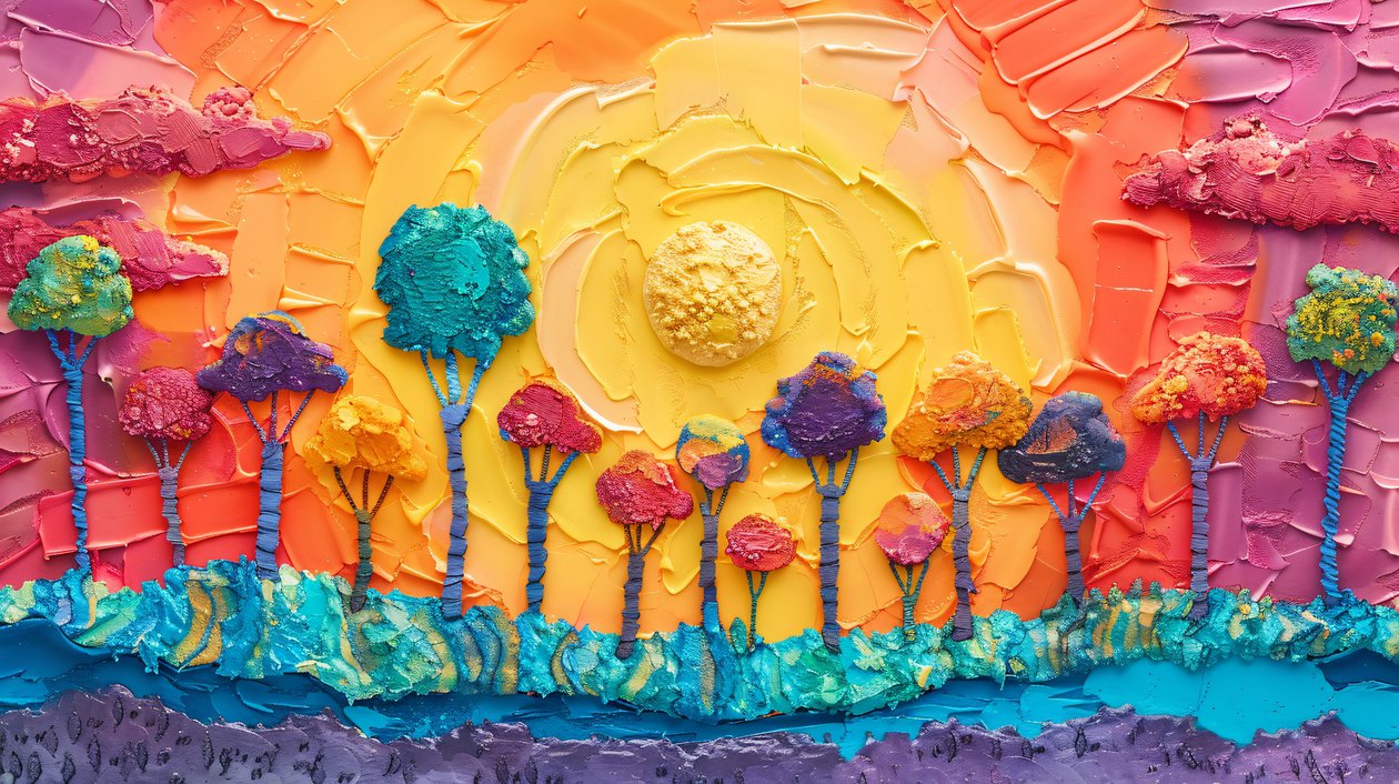 Plasticine Panoramic Arboreal Scene with Bright Colors, impressões de arte online de F. Abderrahim