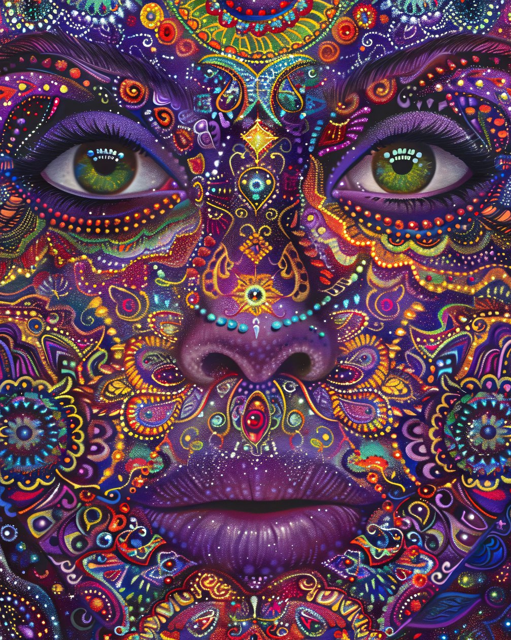 Mulher psicadélica com rosto colorido Padrões espirituais e de mandala, impressões de arte em tela de F. Abderrahim