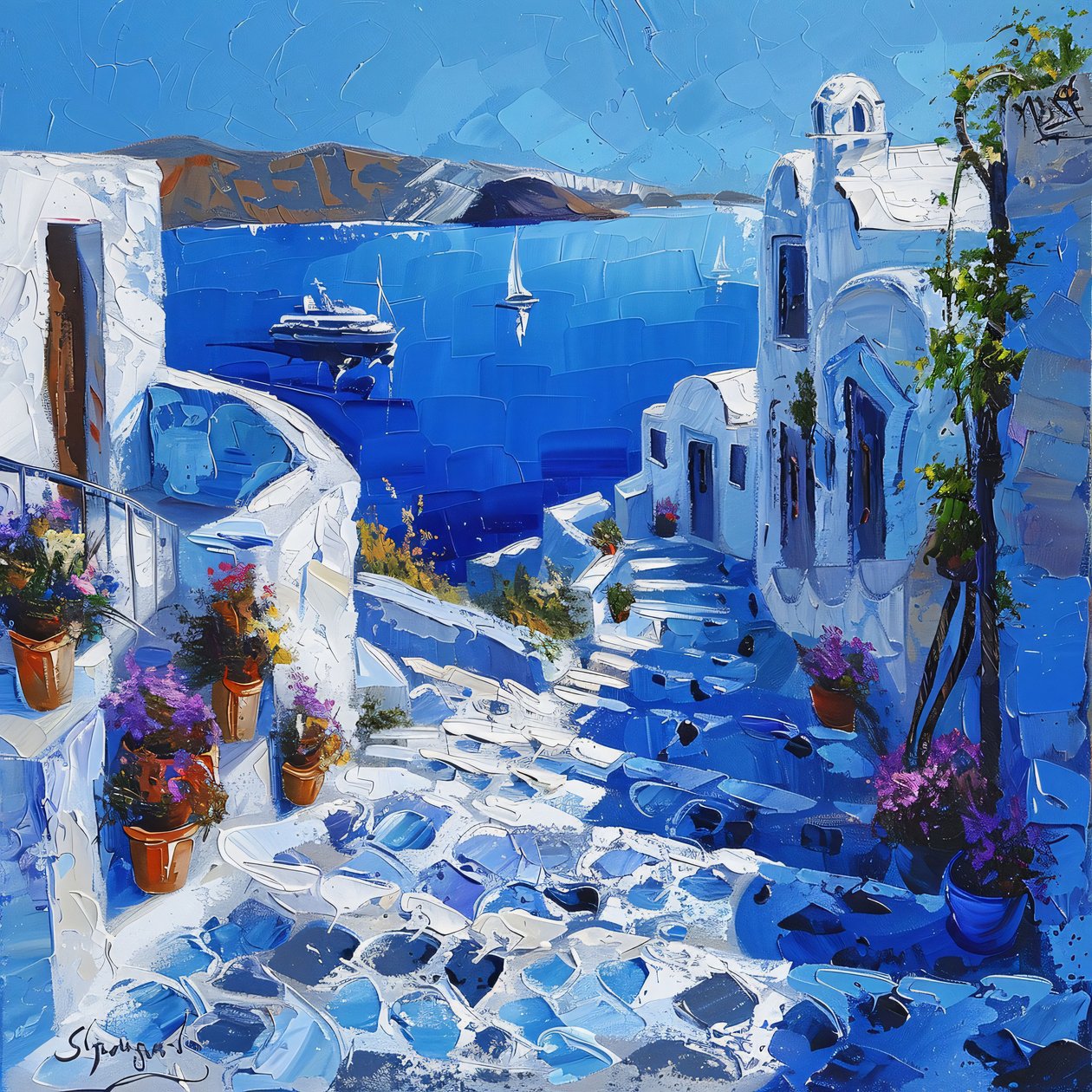 Santorini com bonitos candeeiros de rua, impressões de decoração de parede em tela e moldura de F. Abderrahim