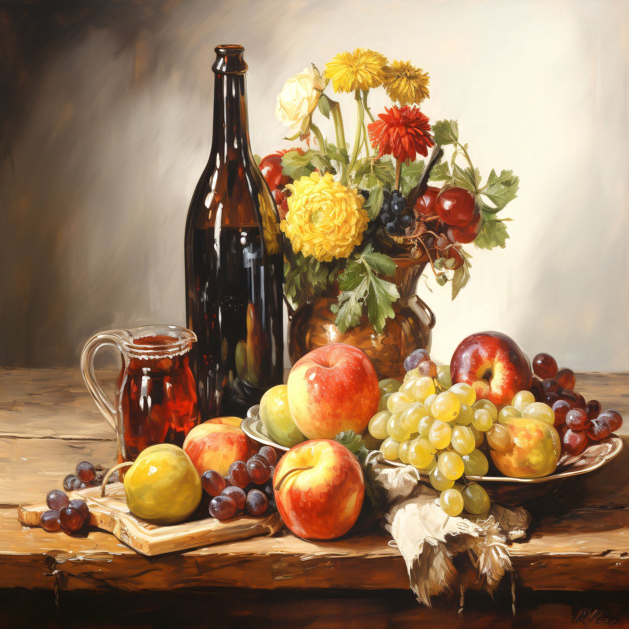 Pintura de natureza morta, flores, frutos e vinho, impressões de decoração de parede de F. Abderrahim