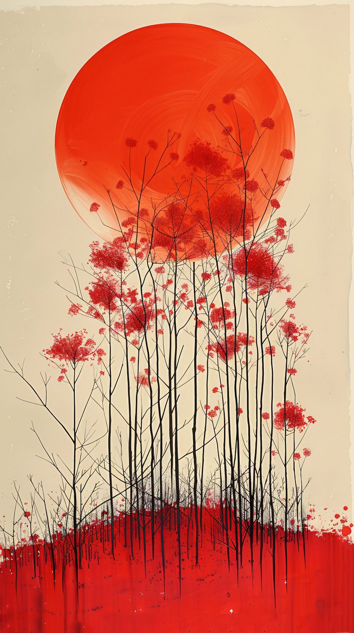 Pôr do sol numa colina de flores vermelhas pintura, parede vertical Decoração para venda de F. Abderrahim