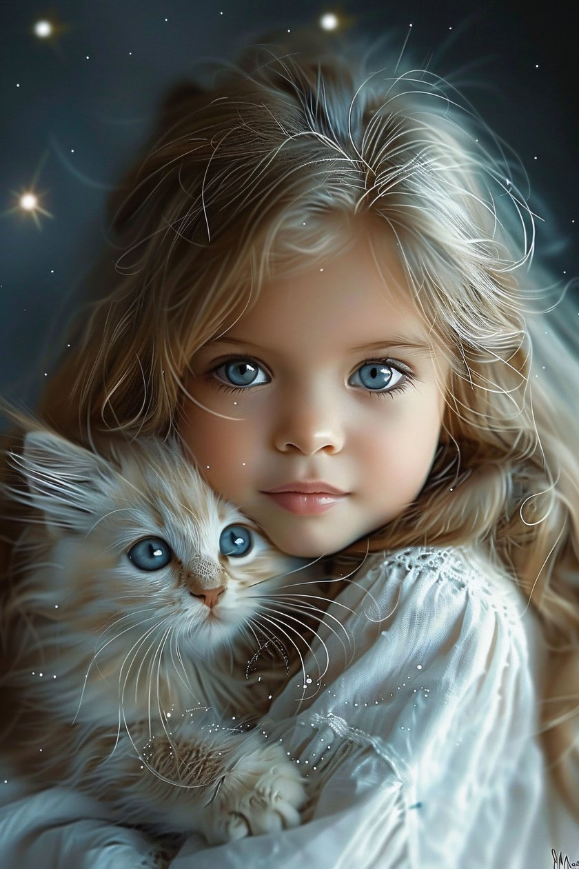 A Rapariga e o Seu Gato Um Laço de Grandes Olhos Azuis e Amor, impressões de decoração de parede com moldura de F. Abderrahim