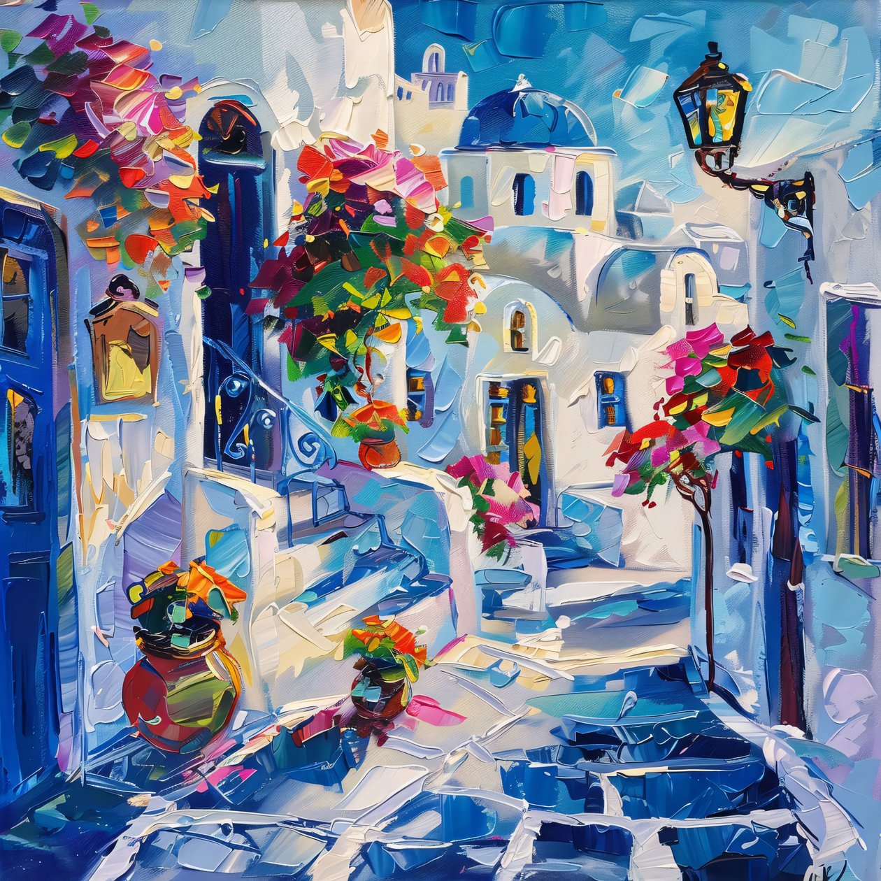 Thira com belos candeeiros de rua, Quadro personalizado Arte de parede de F. Abderrahim