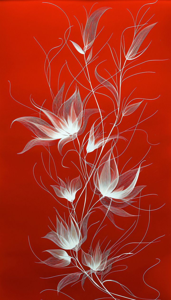 Arte de linha branca de plantas e flores num fundo vermelho vibrante, decoração de parede de F. Abderrahim