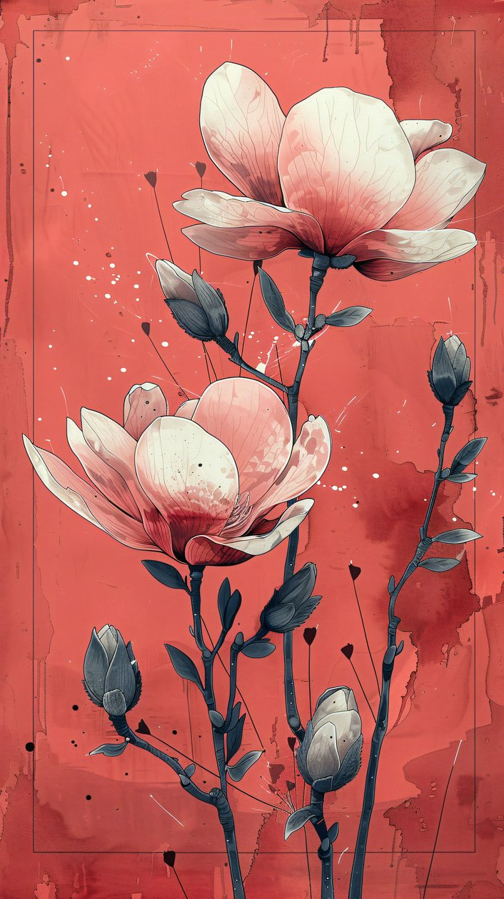 Rosas brancas com fundo vermelho numa pintura simples, arte de parede | impressão a pedido de F. Abderrahim