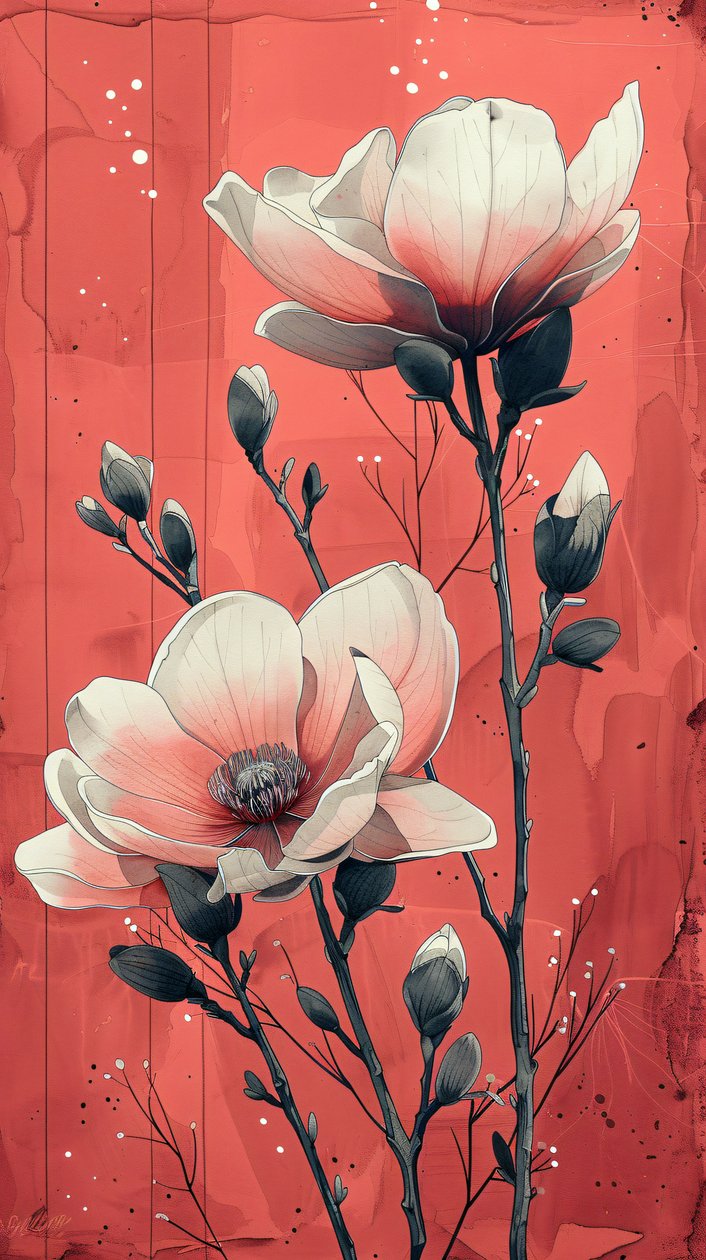 Rosas brancas com fundo vermelho, decoração de parede moderna | impressão a pedido de F. Abderrahim