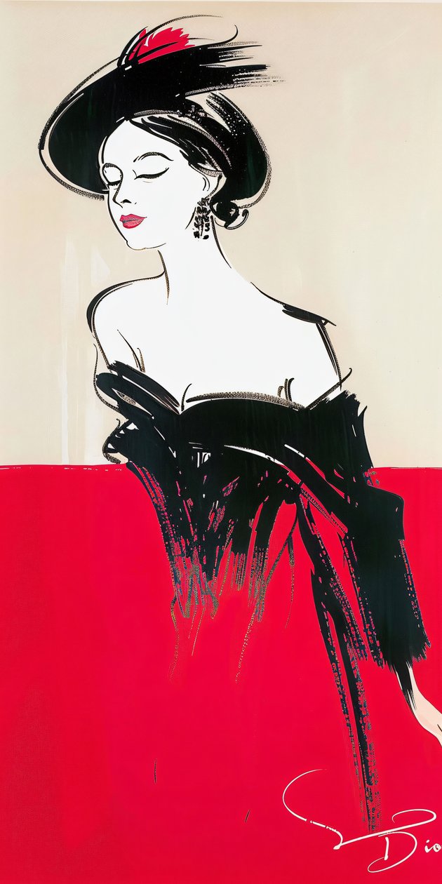 Mulher a posar com maquilhagem, vestido vermelho e preto, inspiração René Gruau, moda dos anos 60 de F. Abderrahim
