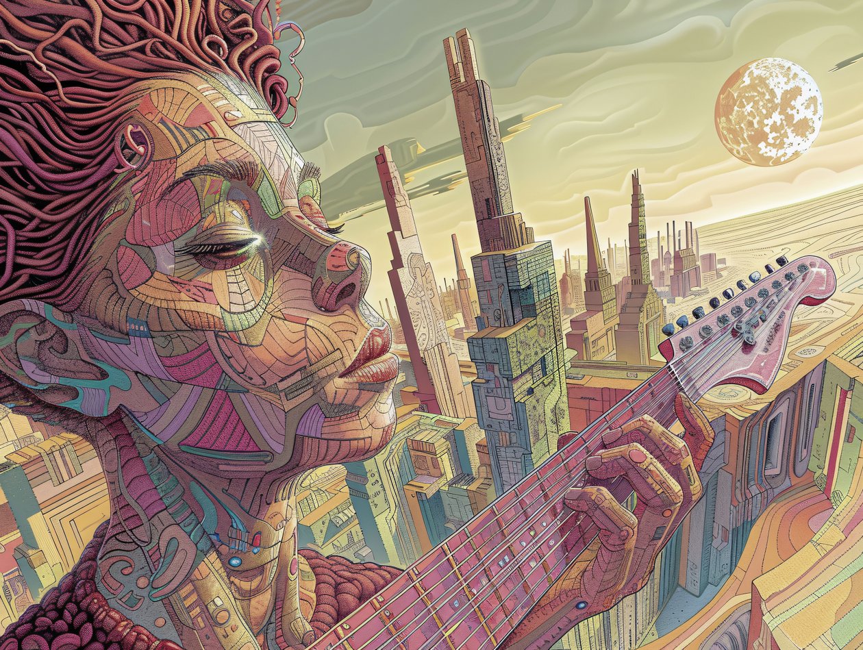 Jovem a tocar música numa cena surrealista futurista, impressões de decoração de parede de F. Abderrahim