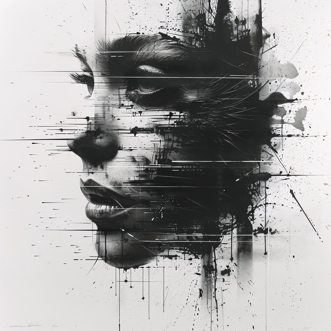Retrato ampliado de um esboço de rosto de mulher minimalista a preto e branco de F. Abderrahim