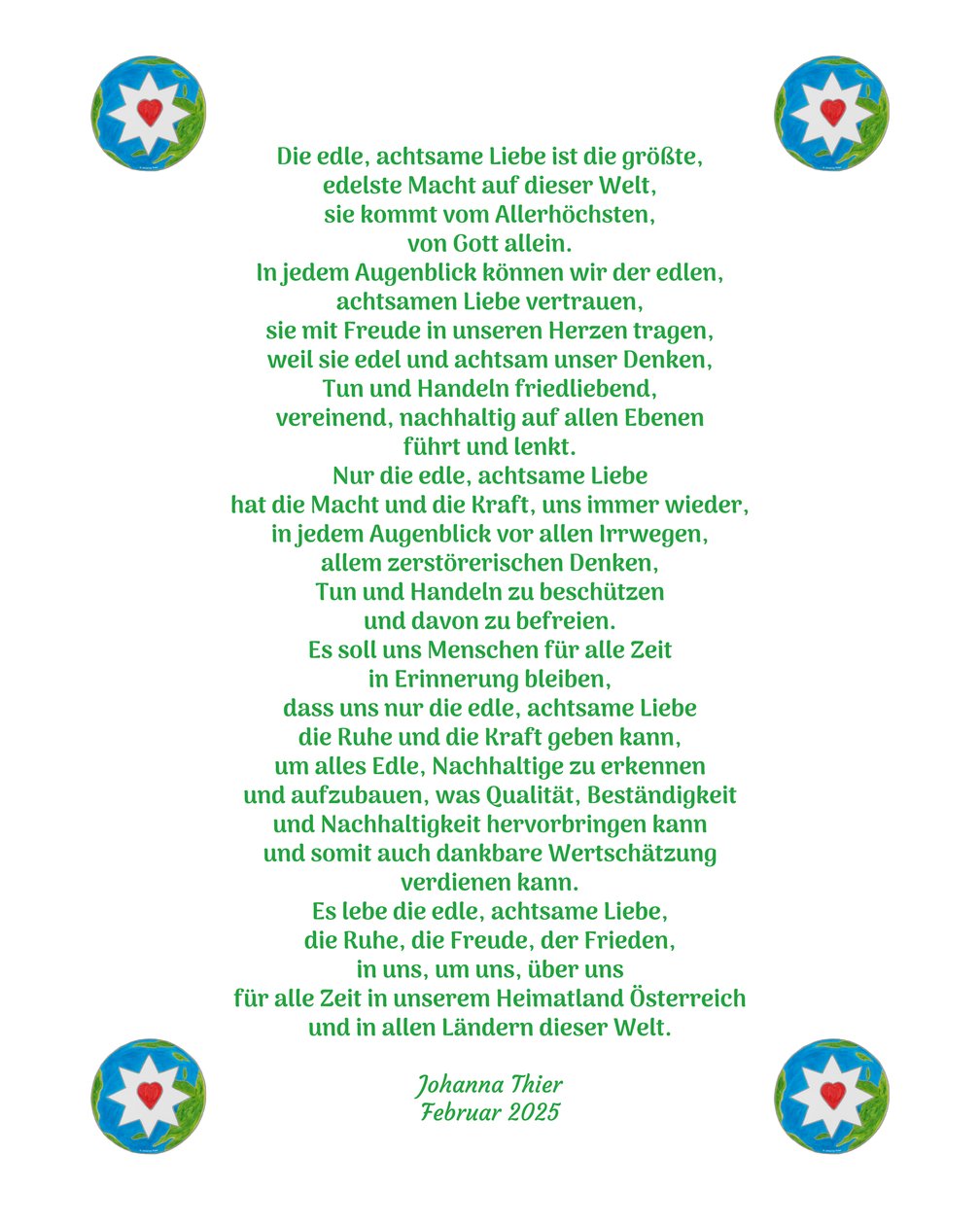 O amor nobre e atento traz-nos calma, alegria e paz no nosso país, a Áustria, e em todos os países do mundo de Johanna Thier