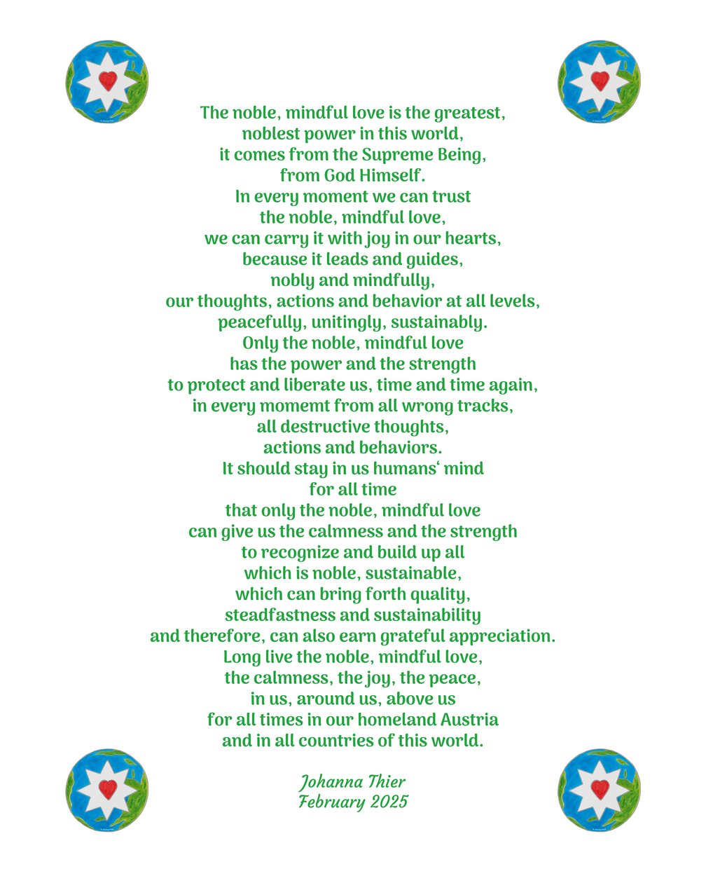 O nobre amor consciente traz-nos calma, alegria e paz na nossa pátria Áustria e em todos os países do mundo de Johanna Thier