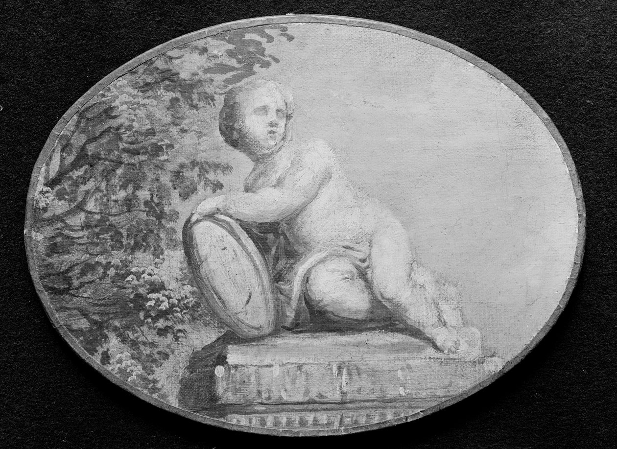 Putto sobre pedestal contra fundo de verdura, século XVIII. de 18th century . French Painter