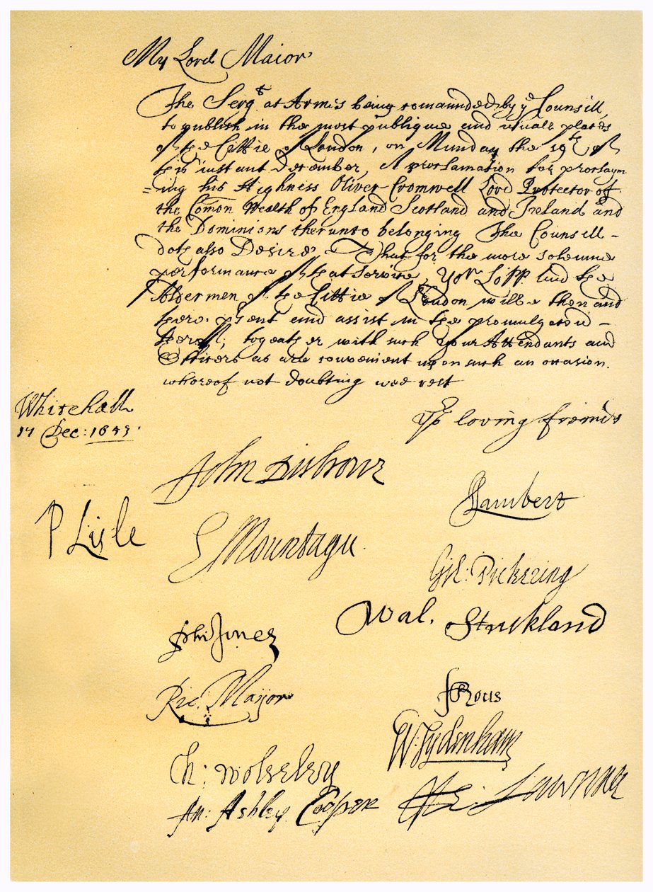 Carta ao Lord Mayor de Londres, 17 de dezembro de 1653. de 2nd Earl of Manchester Edward Montagu