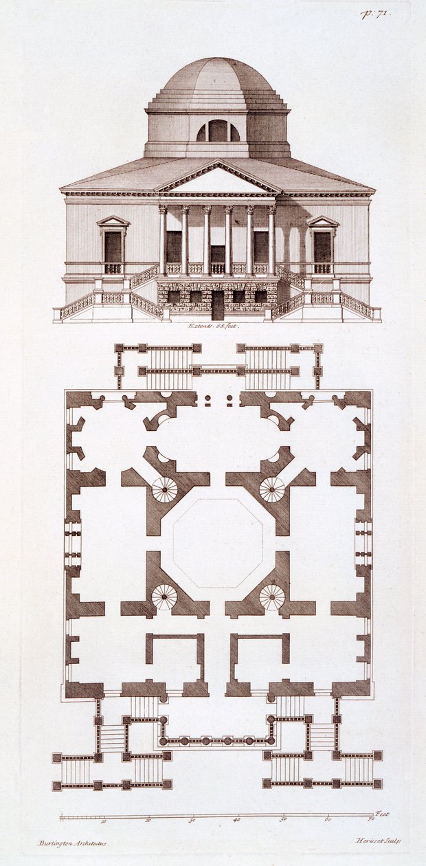 Plano e Elevação da Casa Chiswick, impressão feita por Herisset, c.1720s de 3rd Earl of Burlington