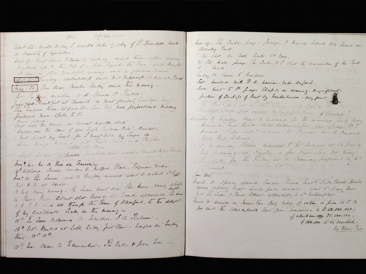 Extrato do Diário do Marquês de Granbury, 24 de abril de 1845 (tinta no papel) de Charles Manners, 6th Duke of Rutland