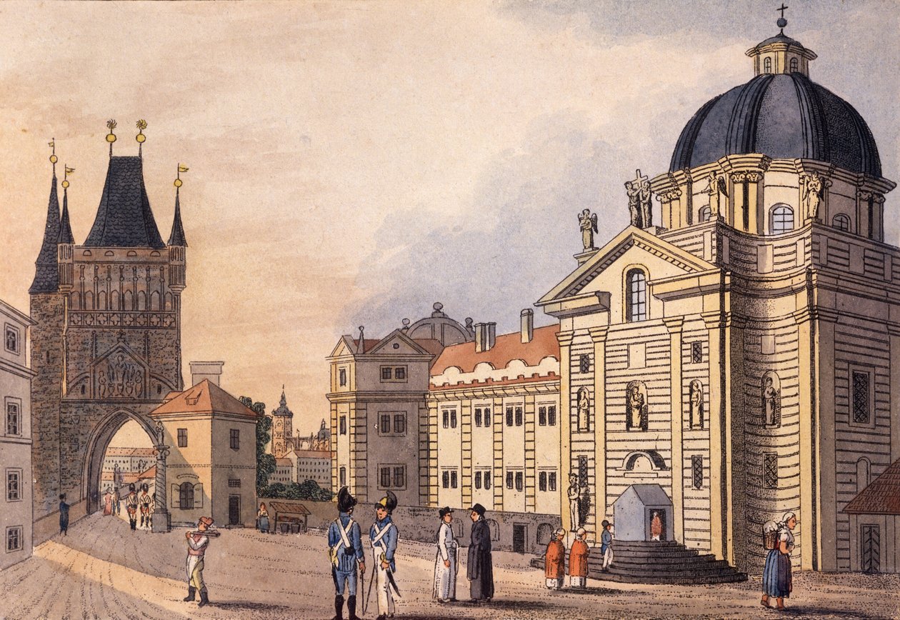 Krizovnicke namesti (Praça dos Cavaleiros da Cruz), Praga, c.1810 (gravura colorida) de A. & Berka, Johann Gustav