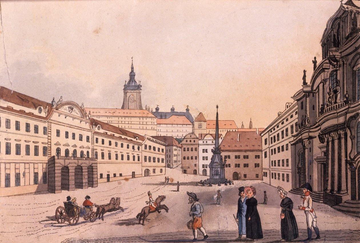 Praça Malostranské (Bairro Pequeno), Praga, c.1810 (gravura colorida) de A. and Berka, Johann Gustav