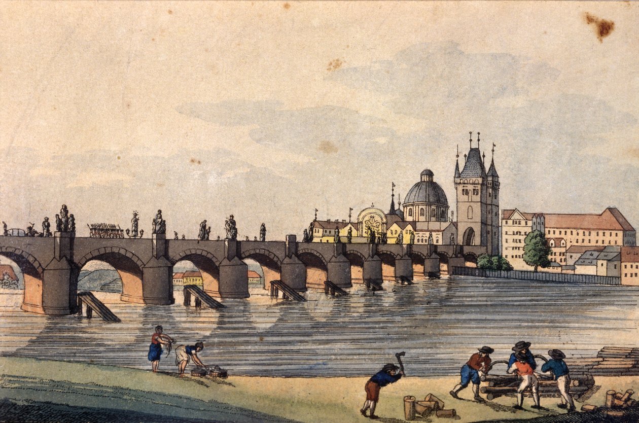 Vista da Ponte Carlos da Ilha Kampa, Praga, c.1810 (gravura colorida) de A. and Berka, Johann Gustav