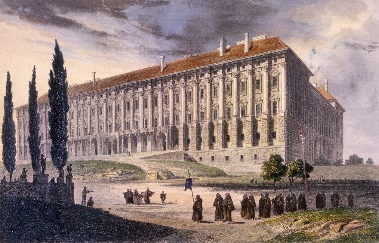 Vista da Praça Loretto dos Capuchinhos, Praga, c.1810 (gravura colorida) de A. and Berka, Johann Gustav