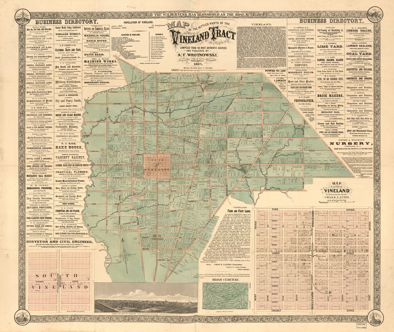 Mostra os tratos de imóveis e os nomes dos proprietários. Cobre a cidade de Vineland e a cidade de Landis de A. F. Wrotnowski