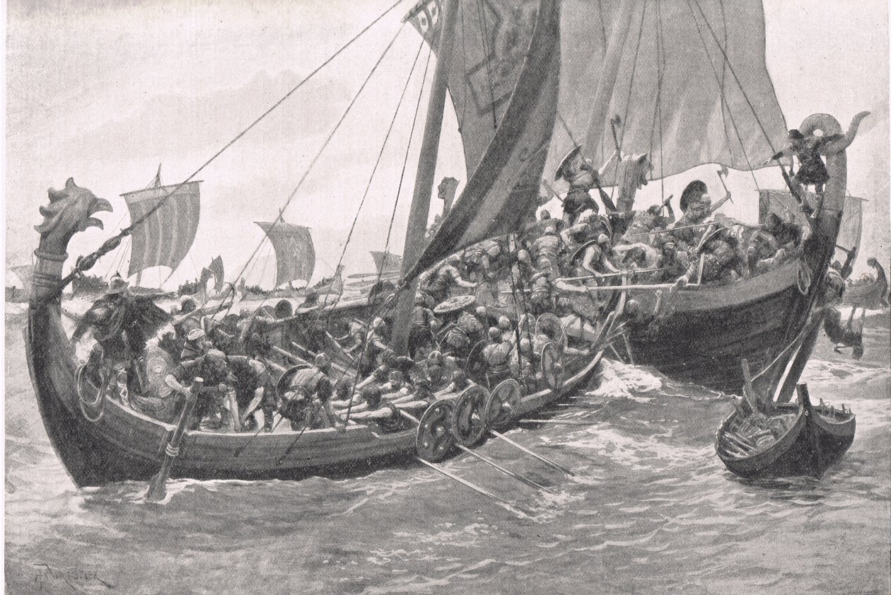 Primeira batalha naval de Britains, ilustração das batalhas britânicas na terra e no mar, publicada por Cassell, Londres, c.1910 de A. Forrestier