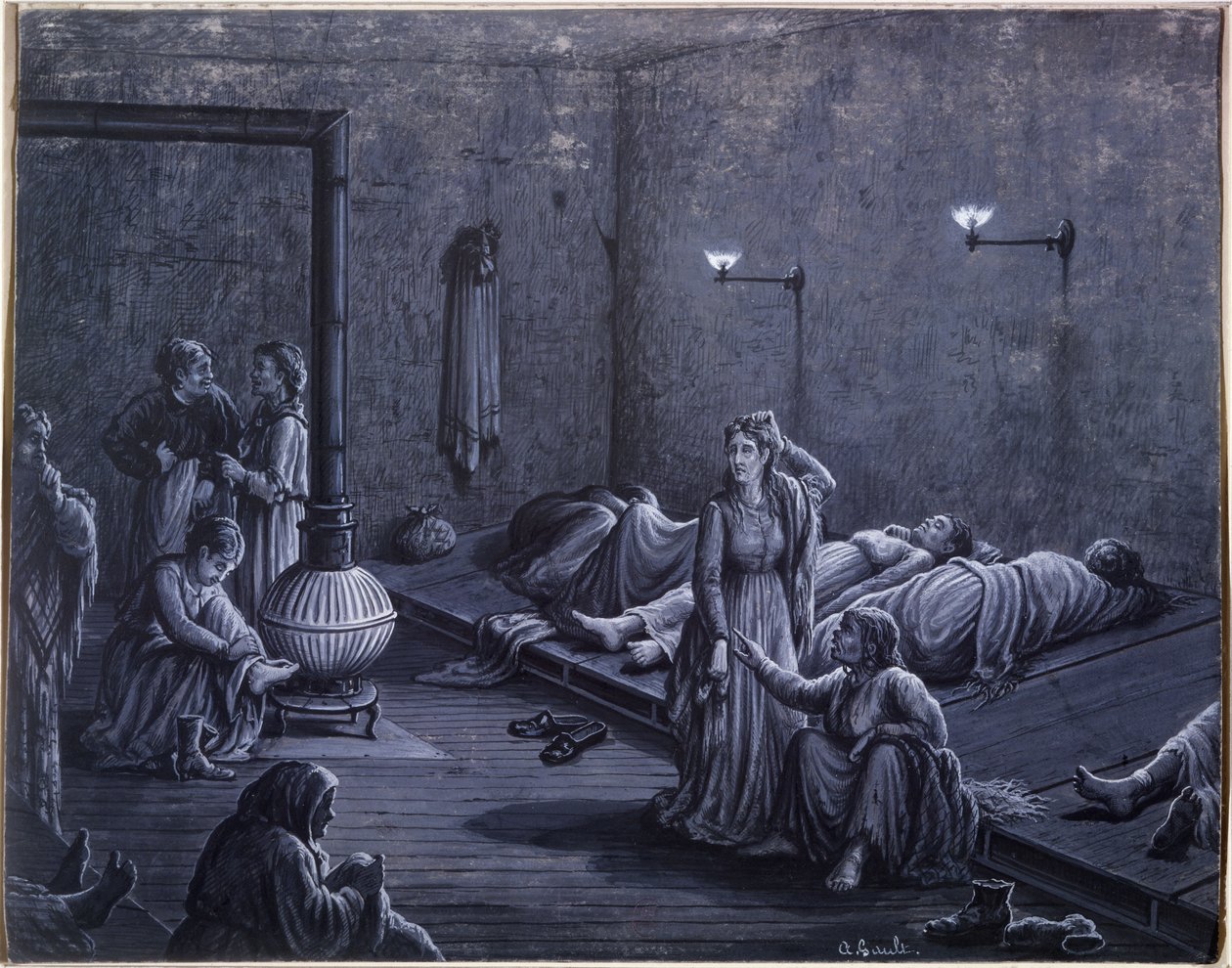 Interior de um abrigo noturno para mulheres pobres, 1850-60 de A. Gault