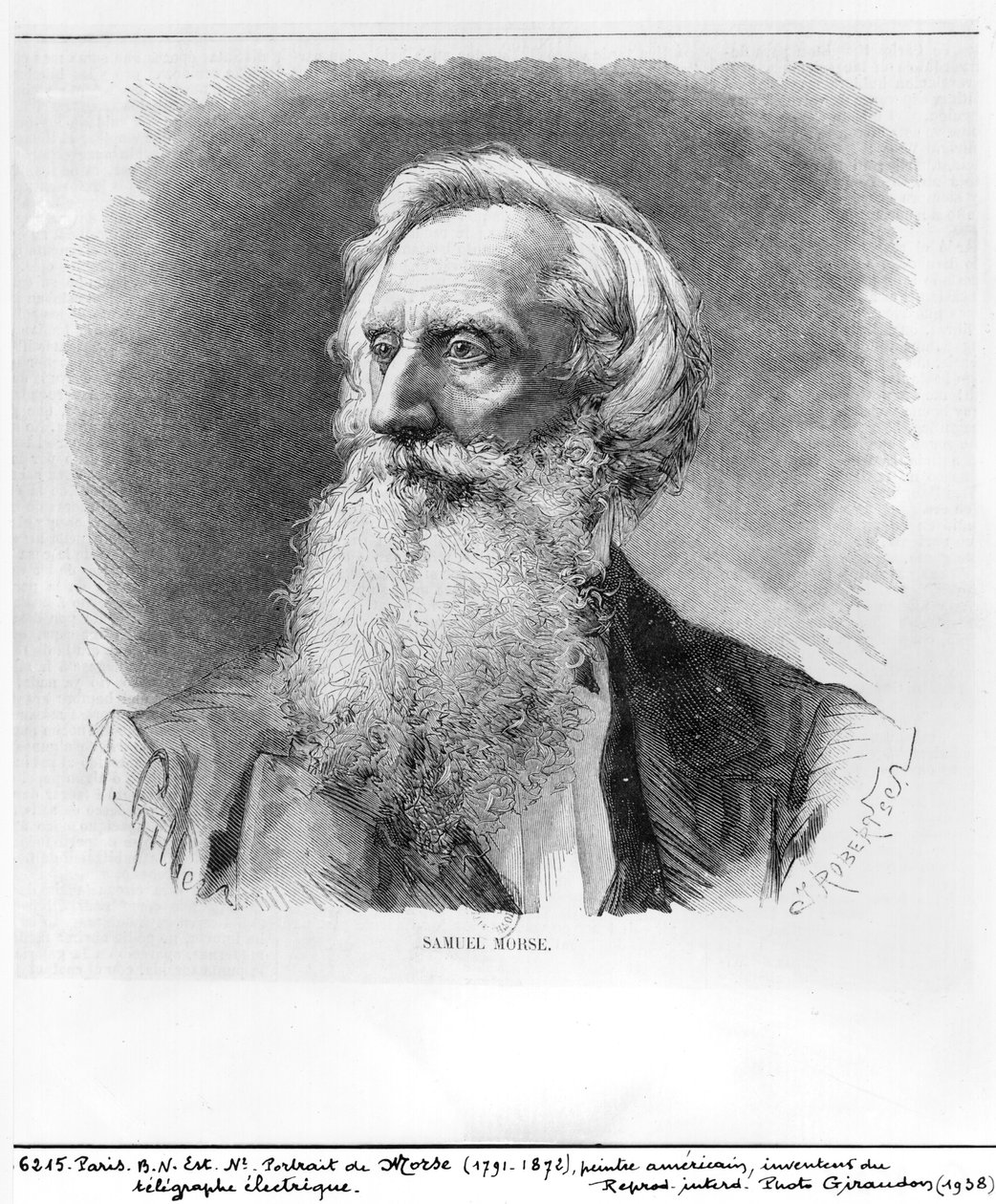 Retrato de Samuel Morse (1791-1872) gravado por C. Robertson (xylograph) (foto bw) de A. Gilbers