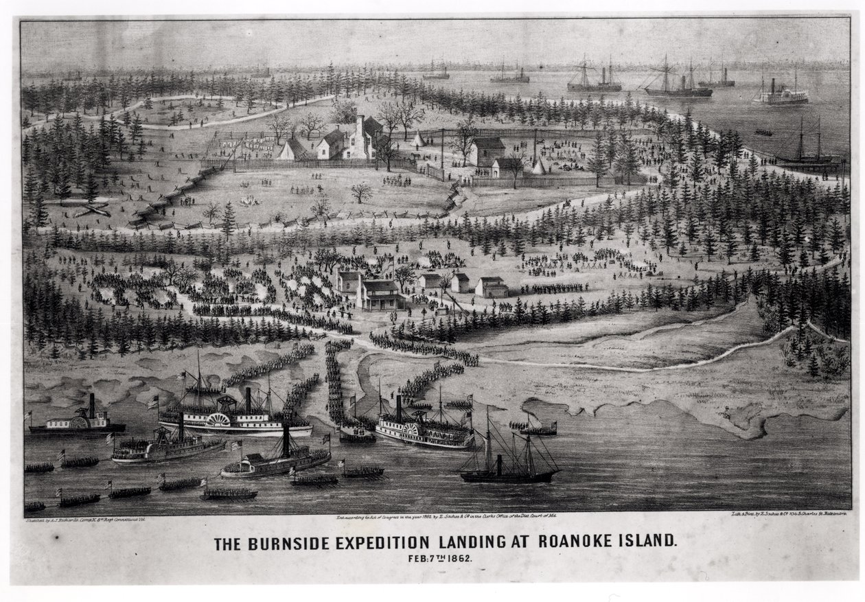 O desembarque de expedição de Burnside na ilha de Roanoke, 7 de fevereiro de 1862 de A. J. Richards