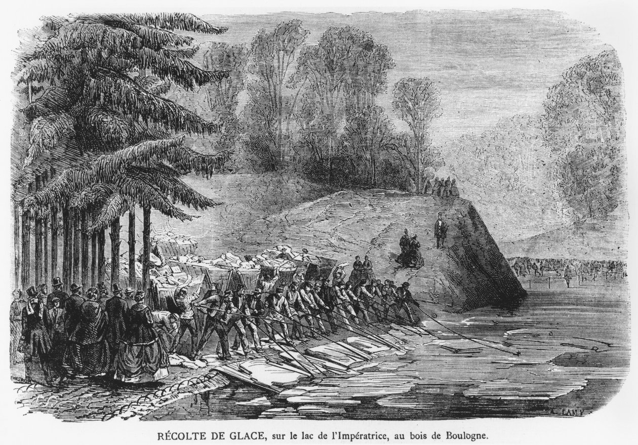 Colheita de gelo no lago Imperatriz no Bois de Boulogne em Paris, ilustração de &39;Le Journal Illustre&39;, 13 de fevereiro de 1870 de A. Lamy