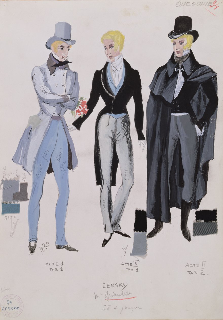 Lensky, figurinos dos atos I, II e III da ópera &39;Eugene Onegin&39;, 1830 de A. Lebrun