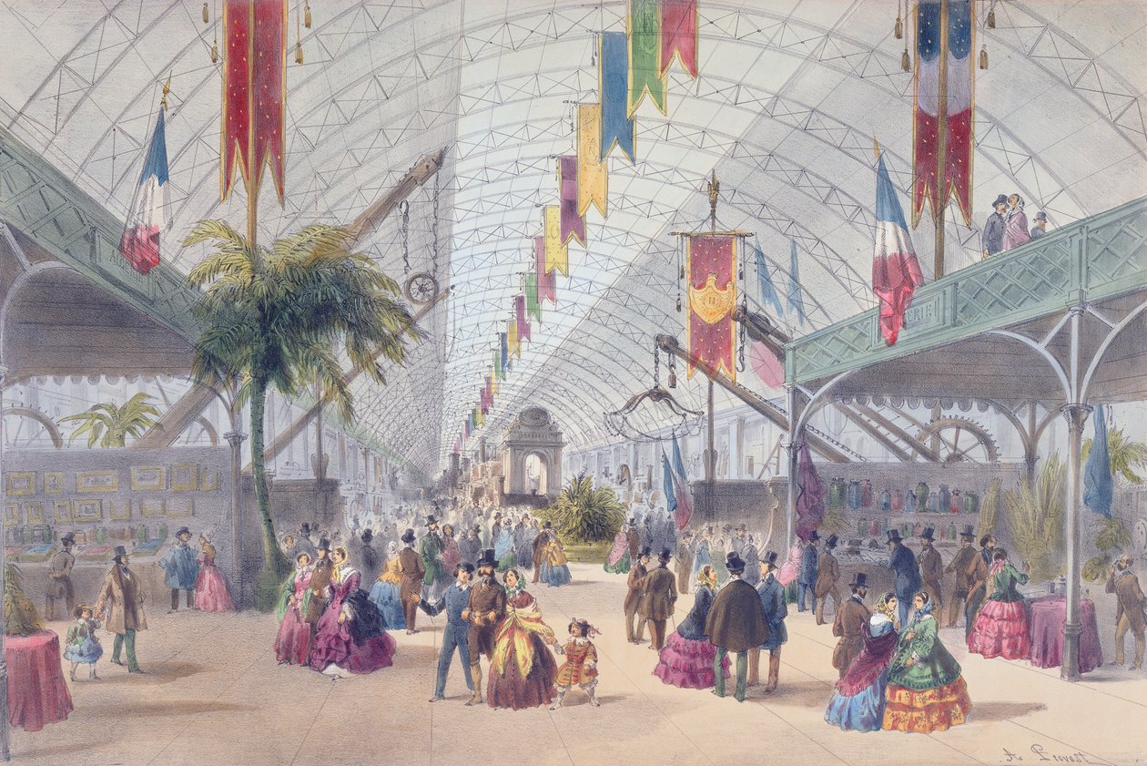 Vista interior da Galerie des Machines e da secção Argélia da Exposição de Paris de 1855 de A Provost
