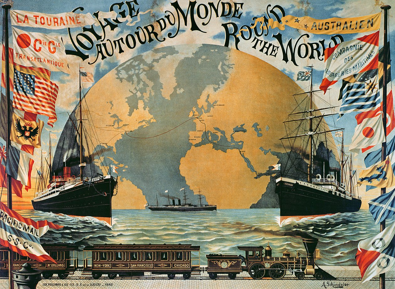 &39;Viagem ao redor do mundo&39;, cartaz da &39;Compagnie Generale Transatlantique&39;, final do século XIX de A. Schindler