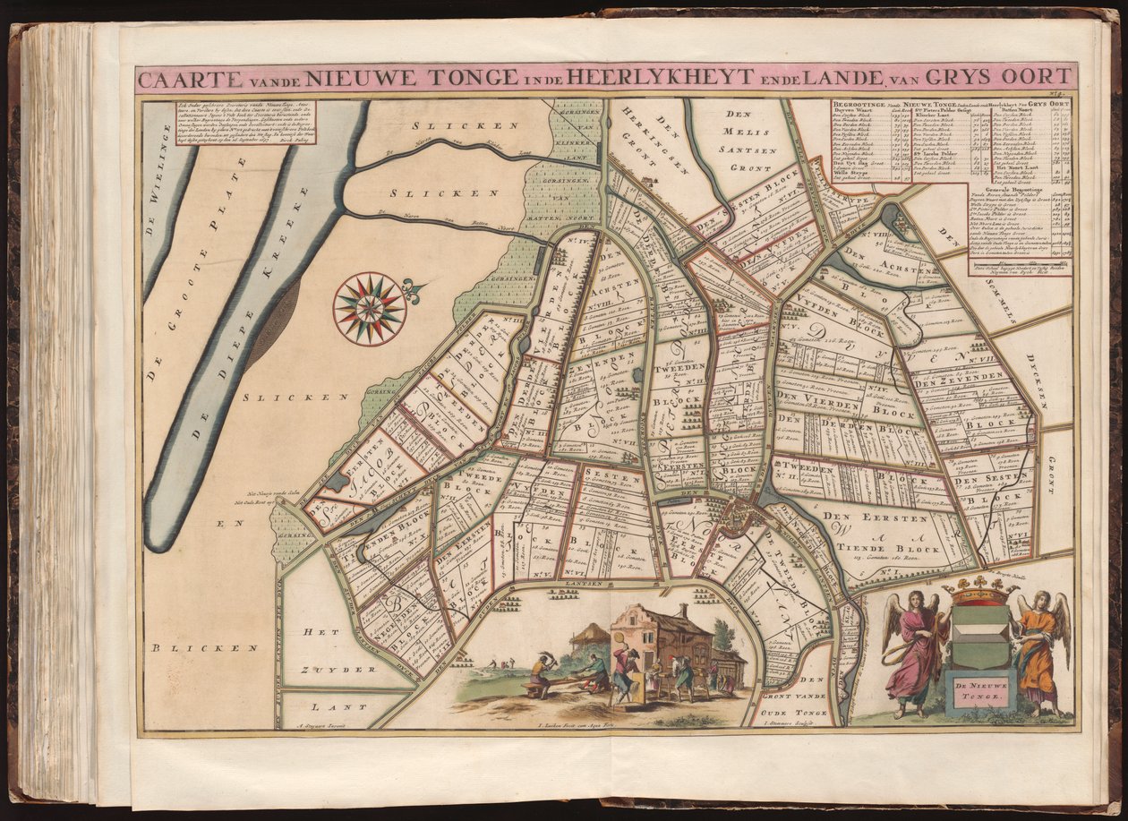 Cartão do Nieuwe Tonge na mansão e a terra de Grys Oort - Heyman van Dyck fecit; A. Steyaart invenit; I. persianas fecit cum aqua forti; I. Stemmers sculpsit de A. Steyaart Heyman van Dyck