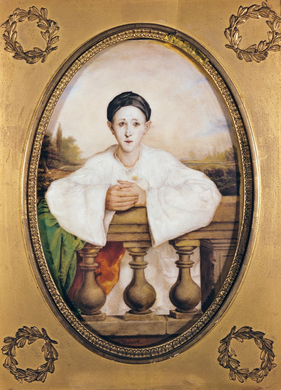 Retrato de Gaspard Deburau (1796-1846) como Pierrot, c.1815 (óleo em porcelana) de A. Trouve
