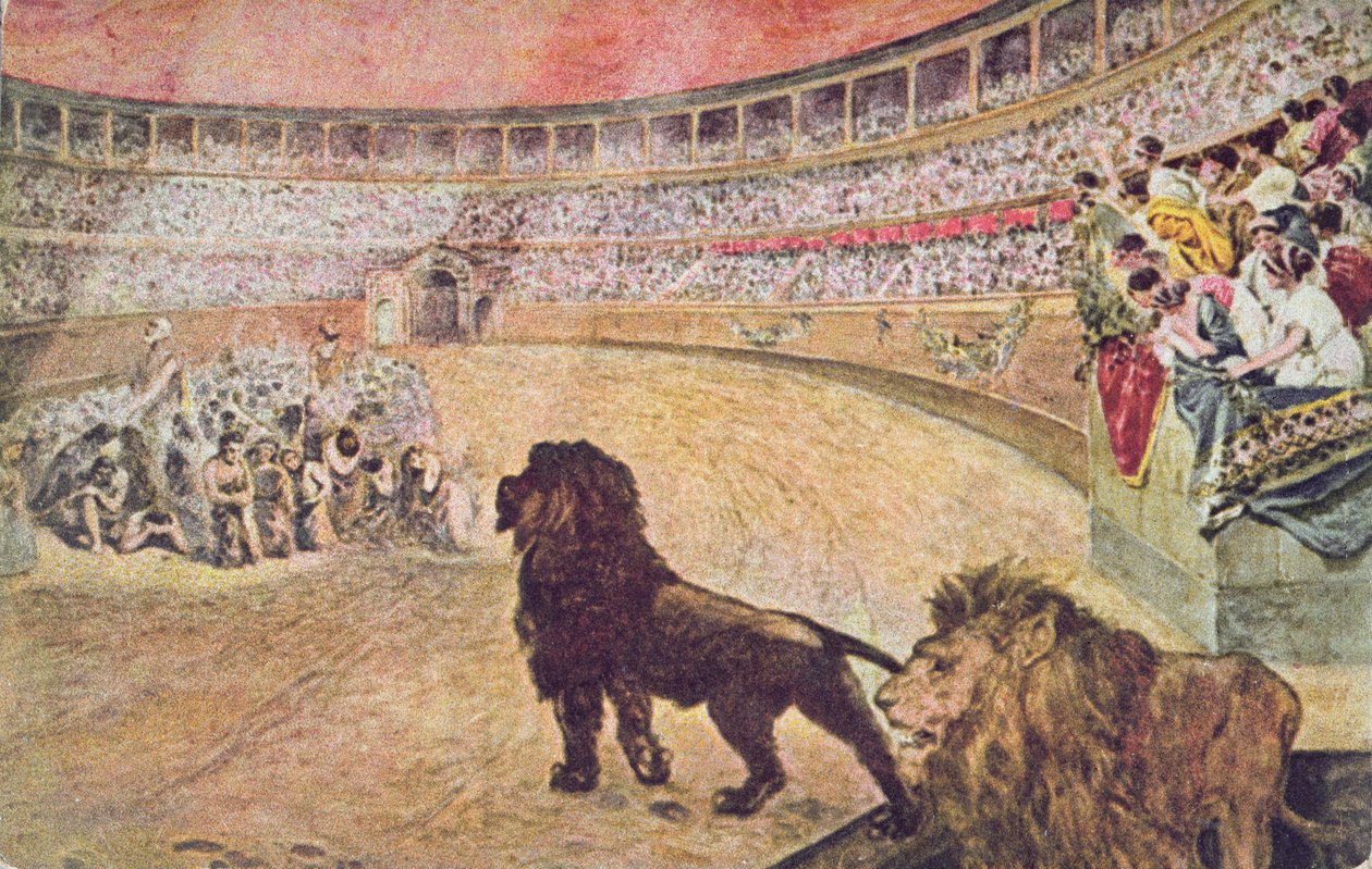 Postal retratando mártires cristãos na arena em Roma, c.1910 de A. del Senno