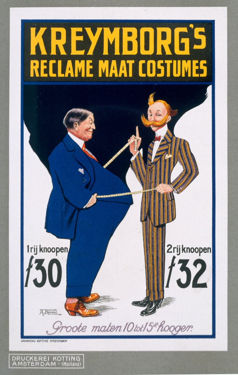 Reclame Maat Costumes, propaganda de cartazes Kreymborgs Dutch tailors, 1914 de A. von Roessel