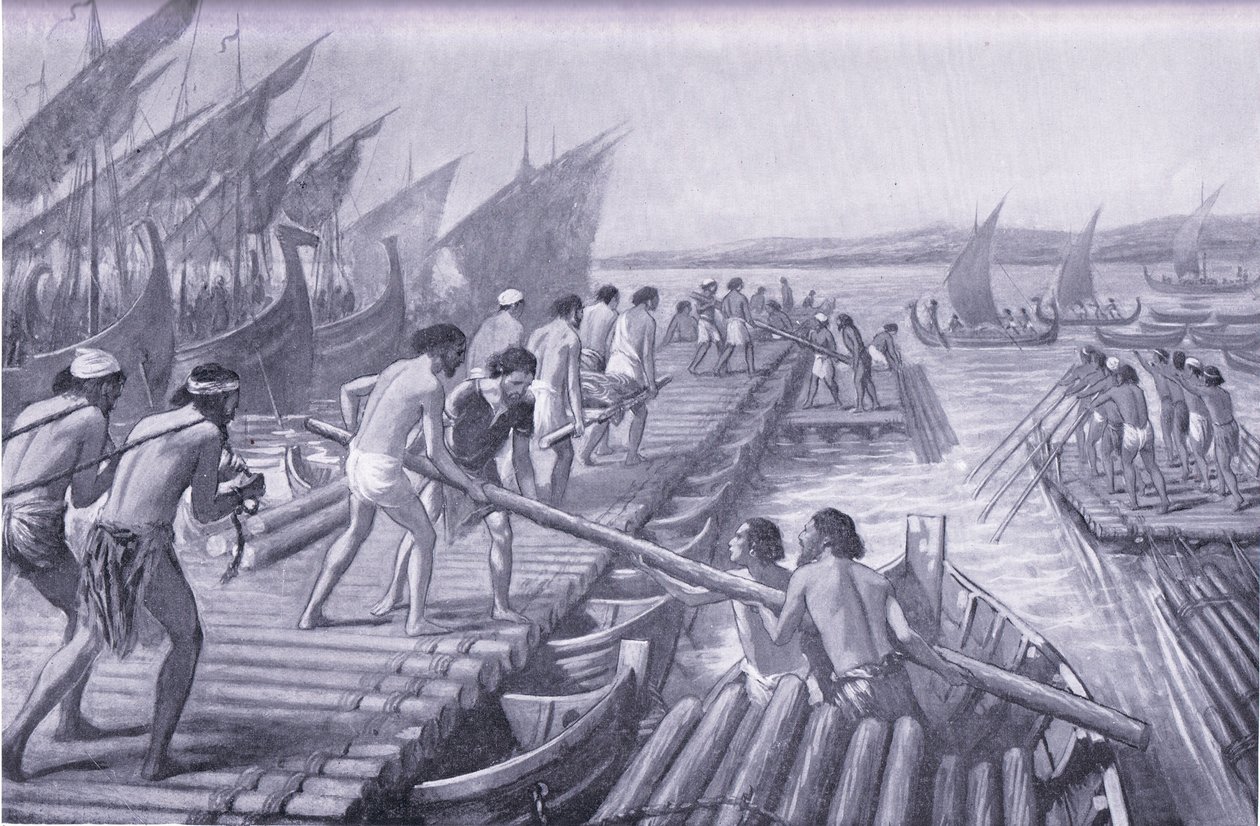 Construção da ponte de barcos ArtaXerxes por marinheiros fenícios de A.C. Weatherstone
